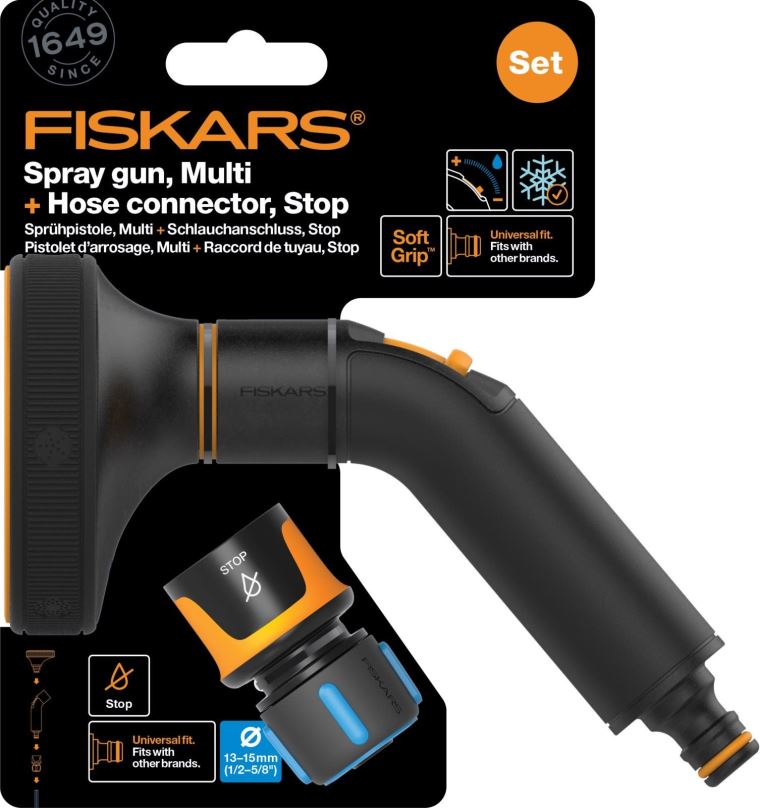 FISKARS Comfort set - zavlažovací pistole multi + hadicová spojka Comfort STOP 1/2&quot; - 5/8&quot;